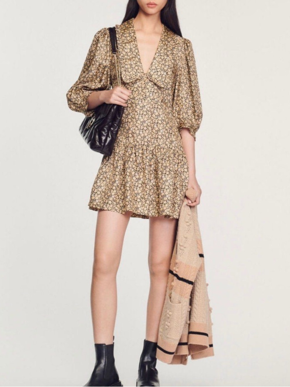 NWT Sandro Floral Print Silk Twill Puff Sleeve Mini Dress FR 36 US 4